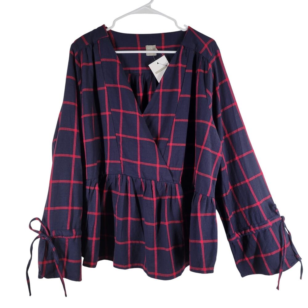 NWT ASOS Curve Cotton Plaid Blouse Womens Plus 14 Blue Red Faux Wrap Bell Sleeve